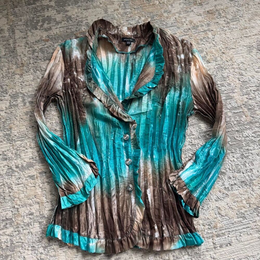 vintage y2k whimsy fairy blue & brown tie dye pleated ruffled collared blouse